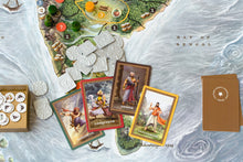 Load image into Gallery viewer, Game board section with coins, pawns, tokens, and cards from the board game Bharata 600 BC