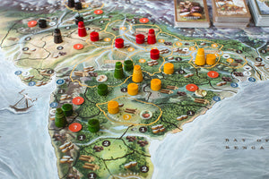 Board map with wooden components, tokens, and cards during a game in progress of Bharata 600 BC